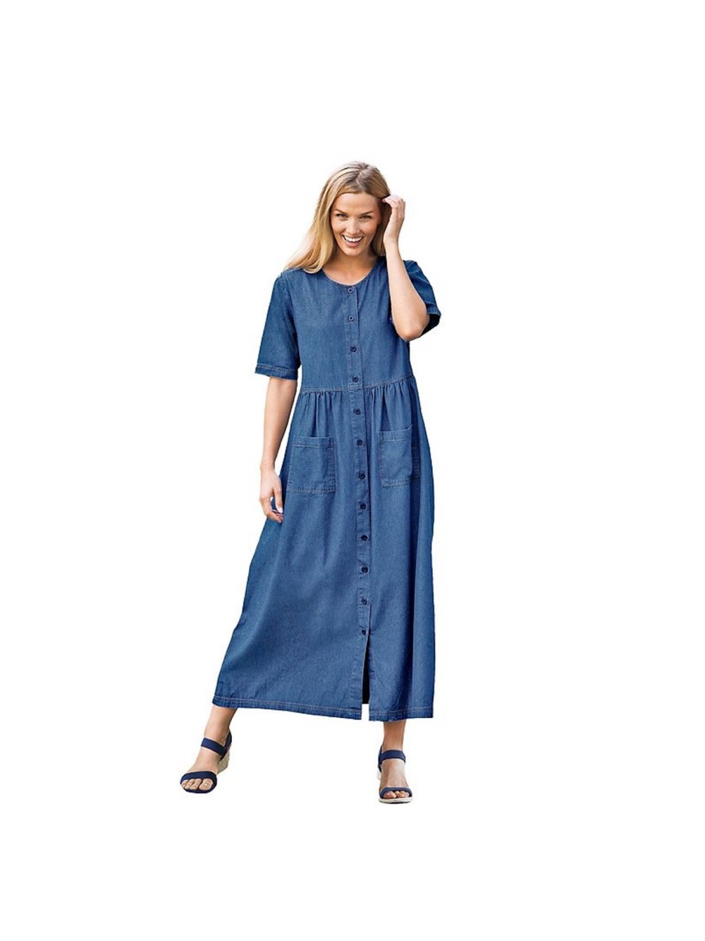Woman Within Blue Button-Front Denim Maxi Dress with Pockets 20W